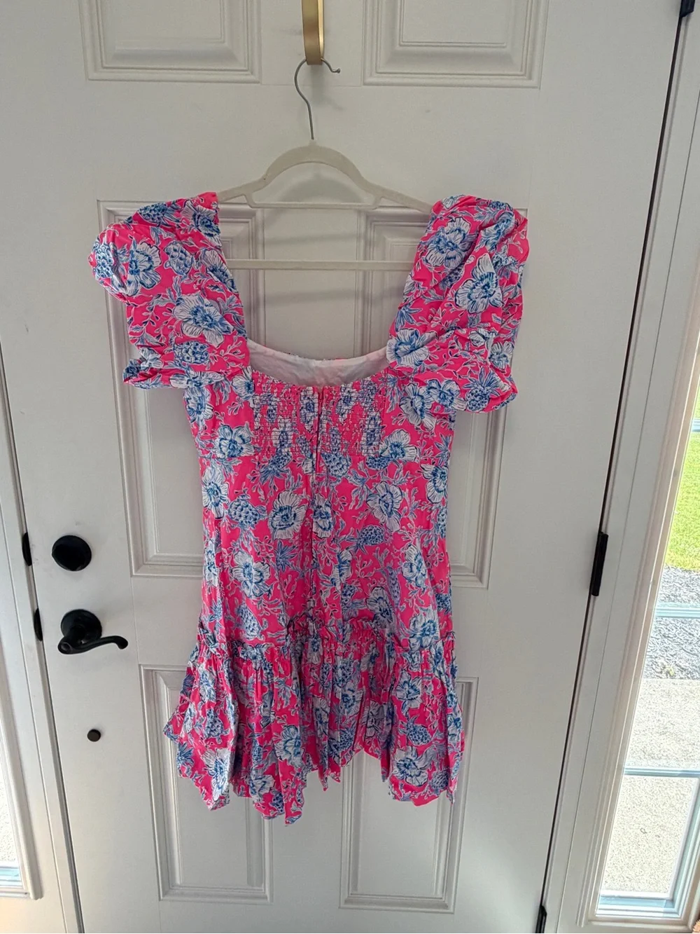 Lilly Pulitzer Pink Floral Puff-Sleeve Mini Dress with Blue Accents - Picture 5 of 6